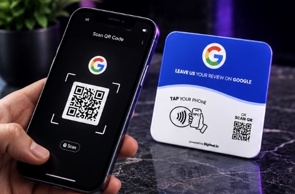 Customer scanning the QR code on a PLD Tap-to-Review card