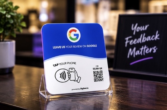 PLD Tap-to-Review card displayed on a countertop stand
